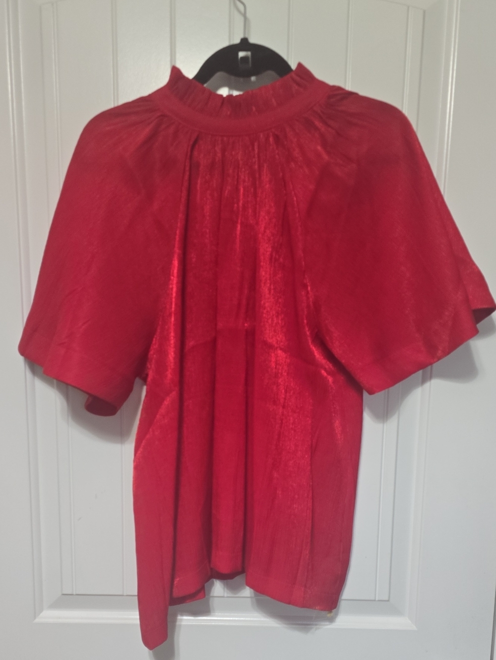 glam Shimmer Gathered Neck Short Sleeve Top in Red